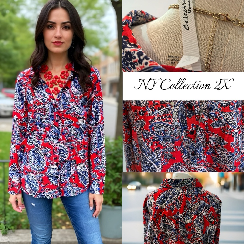 NY Collection Vibrant Red and Blue Paisley Blouse